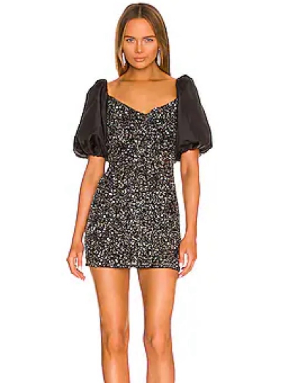 Tularosa Black Sequin Puff-Sleeve Mini Dress